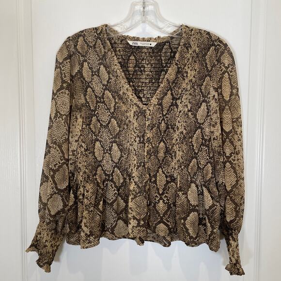 Zara The Veronica Blouse Snake Print Python Ruffle Long Sleeves Brown Tan M - Picture 2 of 6